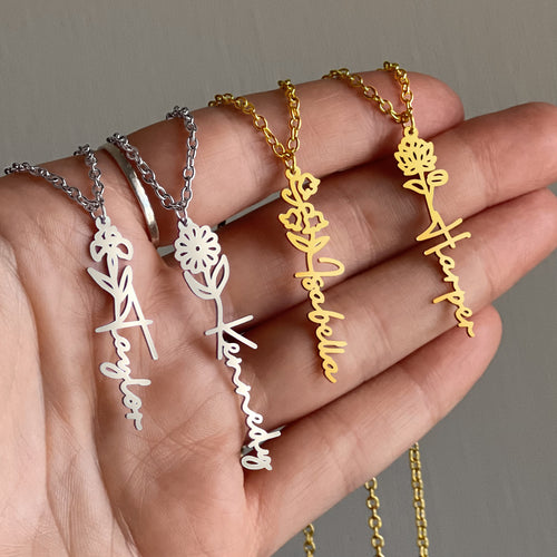 Custom Name Necklace with Birth Month Flower