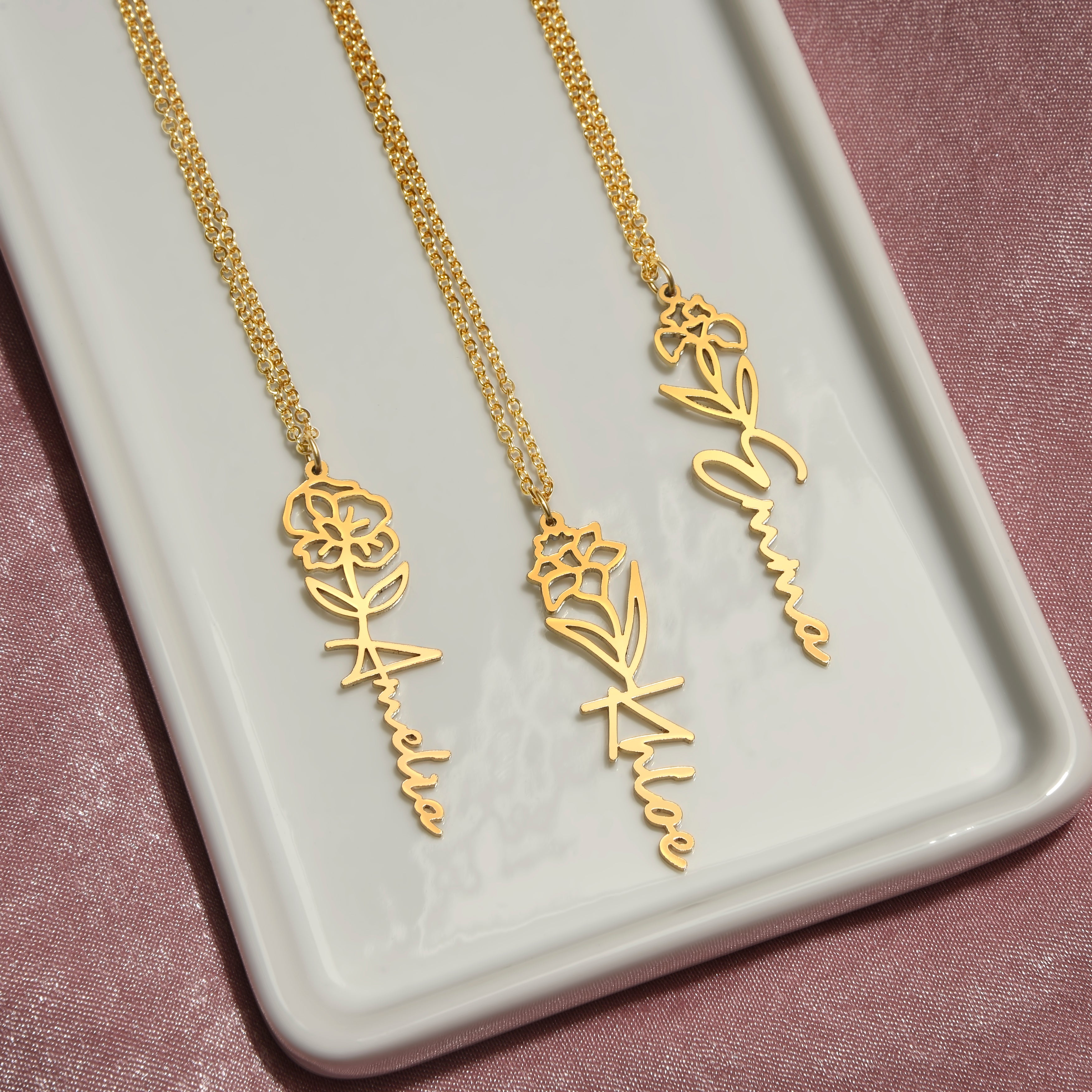 Custom Name Necklace with Birth Month Flower