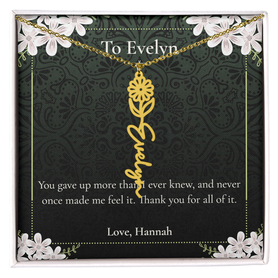 Gold birth month flower name necklace reading Evelyn, on a personalised message card.