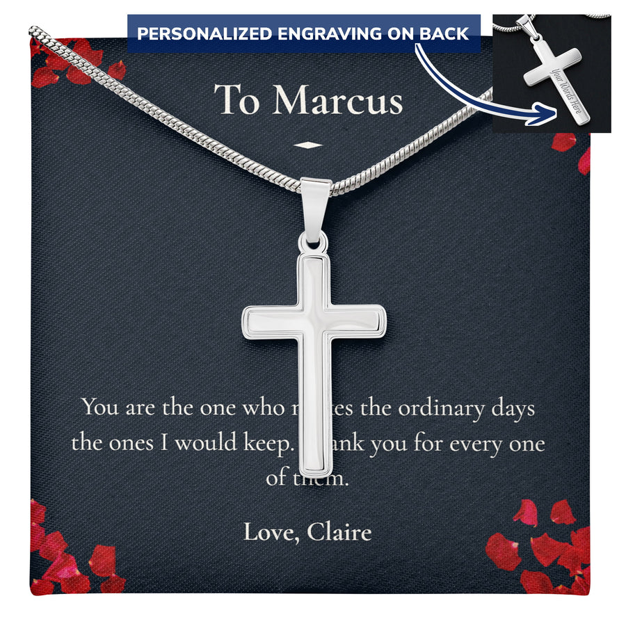 Cross necklace with custom engraving, shown on a personalised message card.