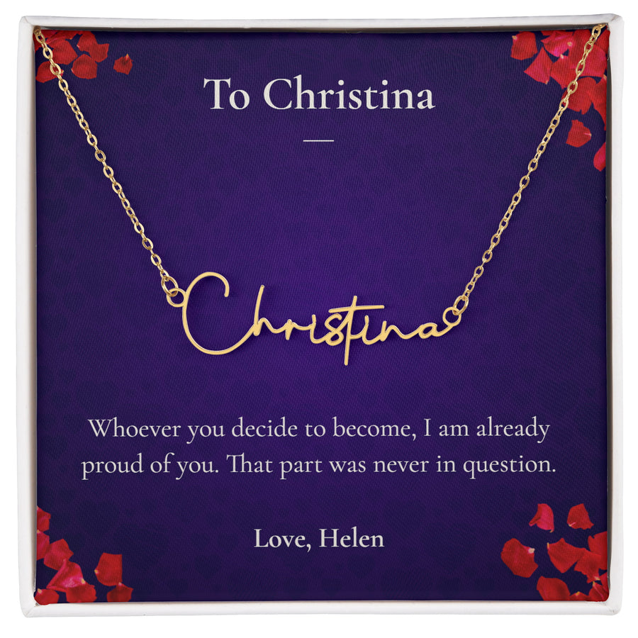 Gold cursive name necklace reading Christina, on a personalised message card.